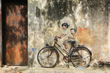 马来西亚槟城乔治市街头艺术壁画背景图片