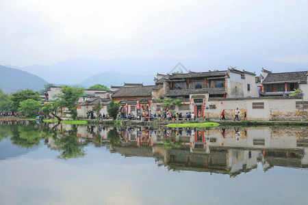 湖边房屋安徽黄山宏村背景