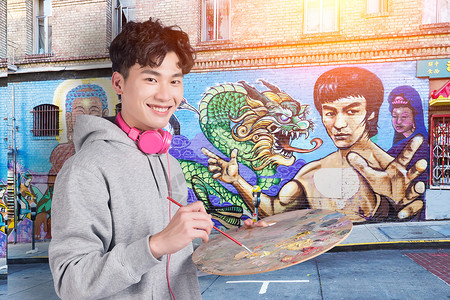 水彩走路的男孩青年手绘彩色墙绘设计图片