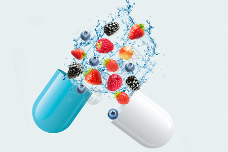 在一杯草莓水果胶囊健康设计图片