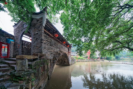 古代桥湖北咸宁刘家桥古镇廊桥背景