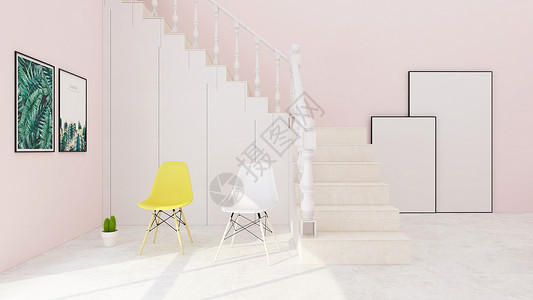 粉色白色楼梯室内清新场景设计图片