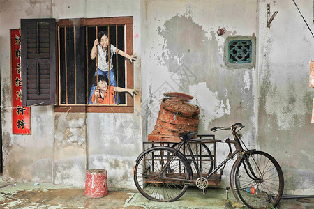 自行车简笔手绘槟城壁画背景
