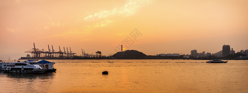 简约儿童画轮船厦门港口落日背景背景