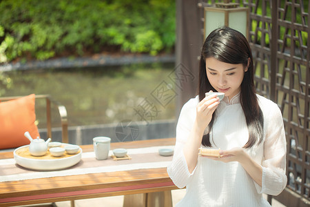 室外茶艺美女背景图片