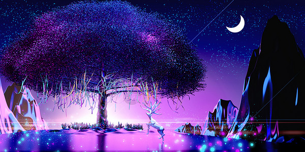 夜晚的树创意梦幻麋鹿场景设计图片