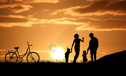 一家人的背影夕阳下一家人物剪影设计图片