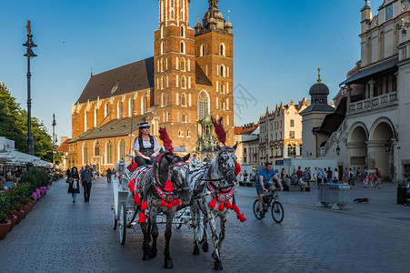 联合国世界文化遗产城市波兰克拉科夫老城城市游览马车背景