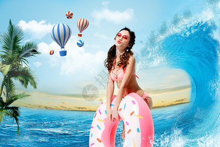 海滩女孩红气球美女海边度假创意图片设计图片