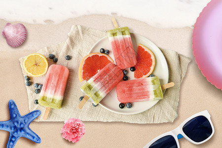 水果汁盘子夏季清凉冰棒海滩设计图片