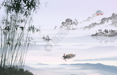 渔夫矮人墨竹山水画设计图片
