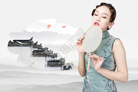 中国水彩画复古美女设计图片