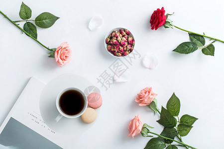 咖啡粉色鲜花下午茶设计图片