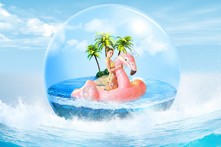 泡泡蓝色大海背景素材下载美女大海创意图片设计图片