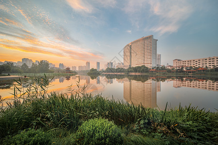 沂蒙生态绿色城市沂水湿地晨光背景图片