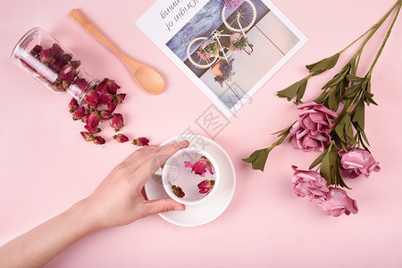 美白祛斑文字美容养颜的玫瑰花茶背景