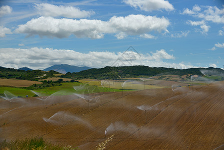 西班牙乡村西班牙布尔果斯附近田野中的自动喷灌设备背景