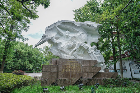 温州地标白鹭洲公园温州江心屿抗战雕塑背景