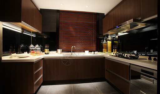 现代简约深色系厨房效果图背景图片