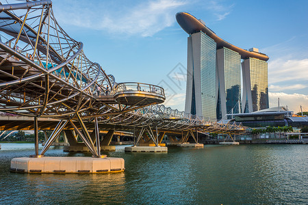 双螺旋背景新加坡滨海湾双螺旋桥和金沙酒店背景