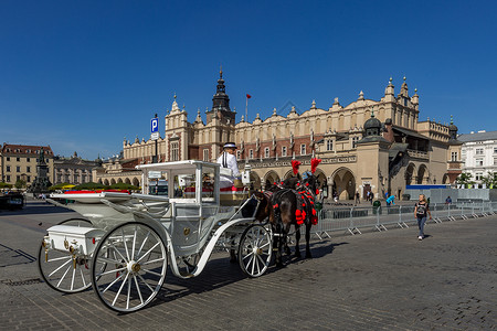 波兰名城克拉科夫老城广场上的游览马车高清图片