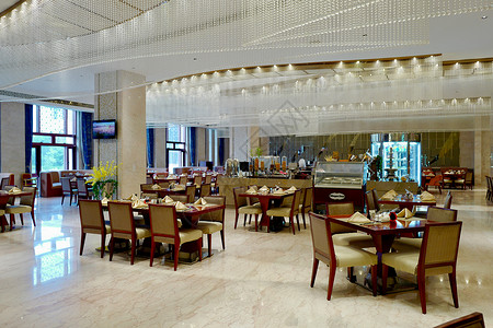 五星酒店的湖景早餐厅和美食背景图片