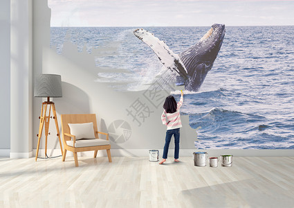 鲸头鹳粉刷墙面的小女孩设计图片