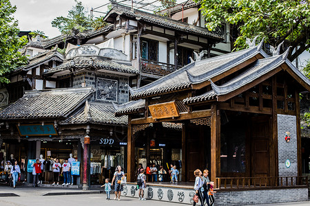 都江堰步行街杨柳河背景图片