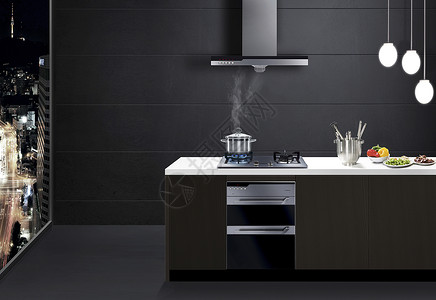 岛形厨房现代黑白灰厨房效果图设计图片