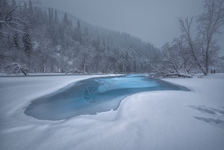 雪山中的蓝色湖泊高清图片
