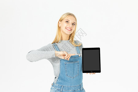 外国美女手拿平板平板电脑高清图片素材