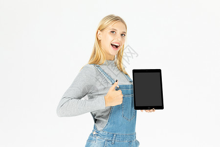 外国美女手拿平板平板电脑高清图片素材