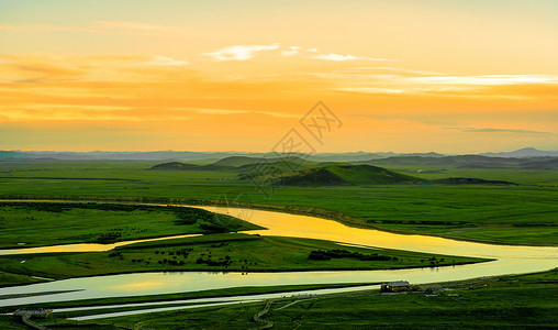 夕阳下的草原河流高清图片