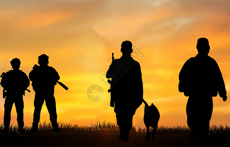 牵狗散步剪影军人设计图片