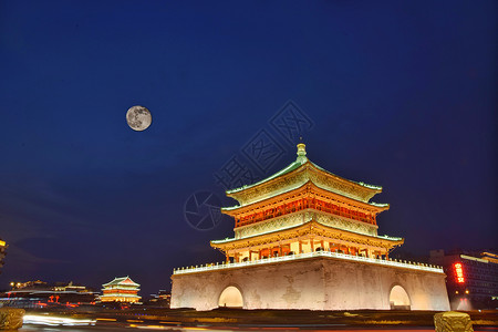 月夜背景夜幕下的西安钟楼背景
