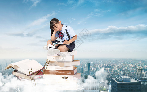 空中看书的女孩图片