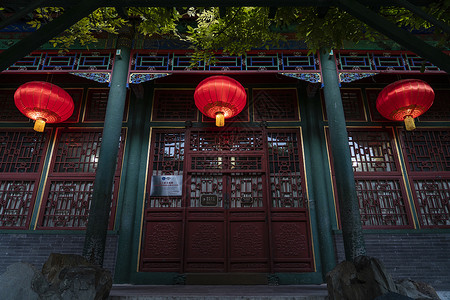 牡丹风景北京恭王府牡丹院.红灯笼背景