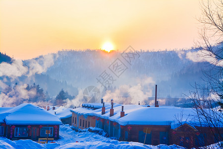 风景下雪素材黑龙江雪乡日出背景