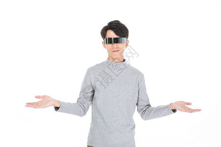 AI+网络教育戴科技眼镜男生摊手动作背景