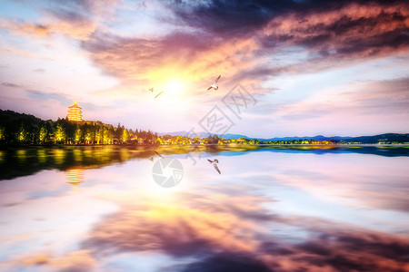 夕阳湖边西湖美景设计图片