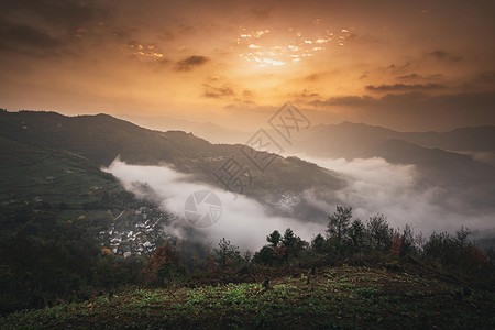 西乡潭渡村安徽歙县石潭云海村落背景