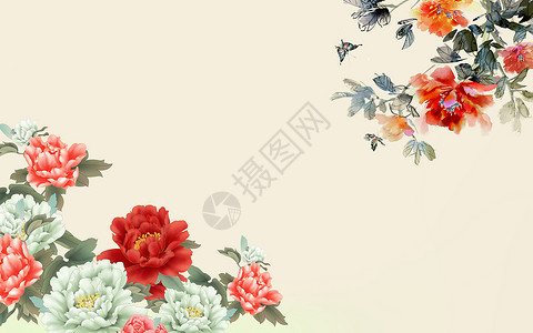 牡丹芍药中式花朵背景墙设计图片