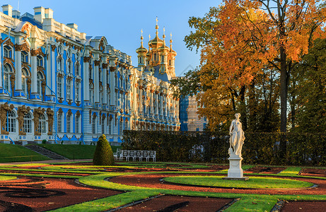 金黄树林圣彼得堡著名旅游景点叶卡捷琳娜宫与花园秋景背景