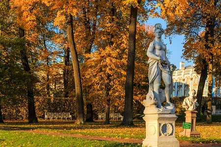 著名旅游景点叶卡捷琳娜宫花园中的雕塑背景图片