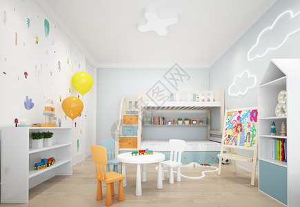 少先队活动室北欧风儿童房卧室室内设计效果图背景