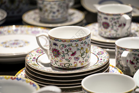 传统手工花纹茶杯瓷器背景
