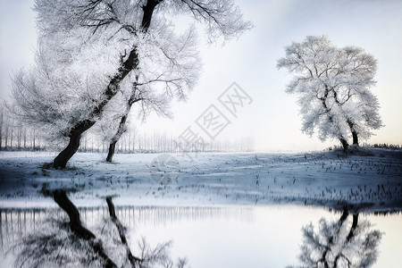 雪山倒影雪景冬季雾凇设计图片