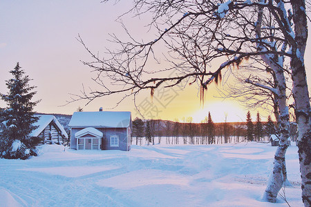 小木屋雪景冬季雪景设计图片