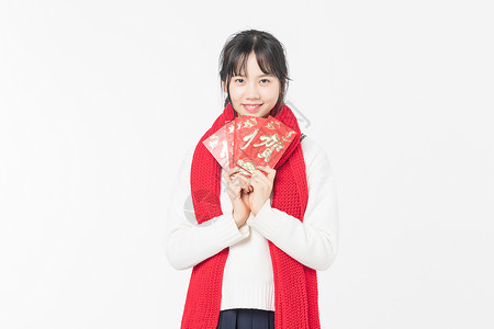 新春少女手拿红包背景图片