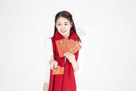 新年女性拿着红包背景图片